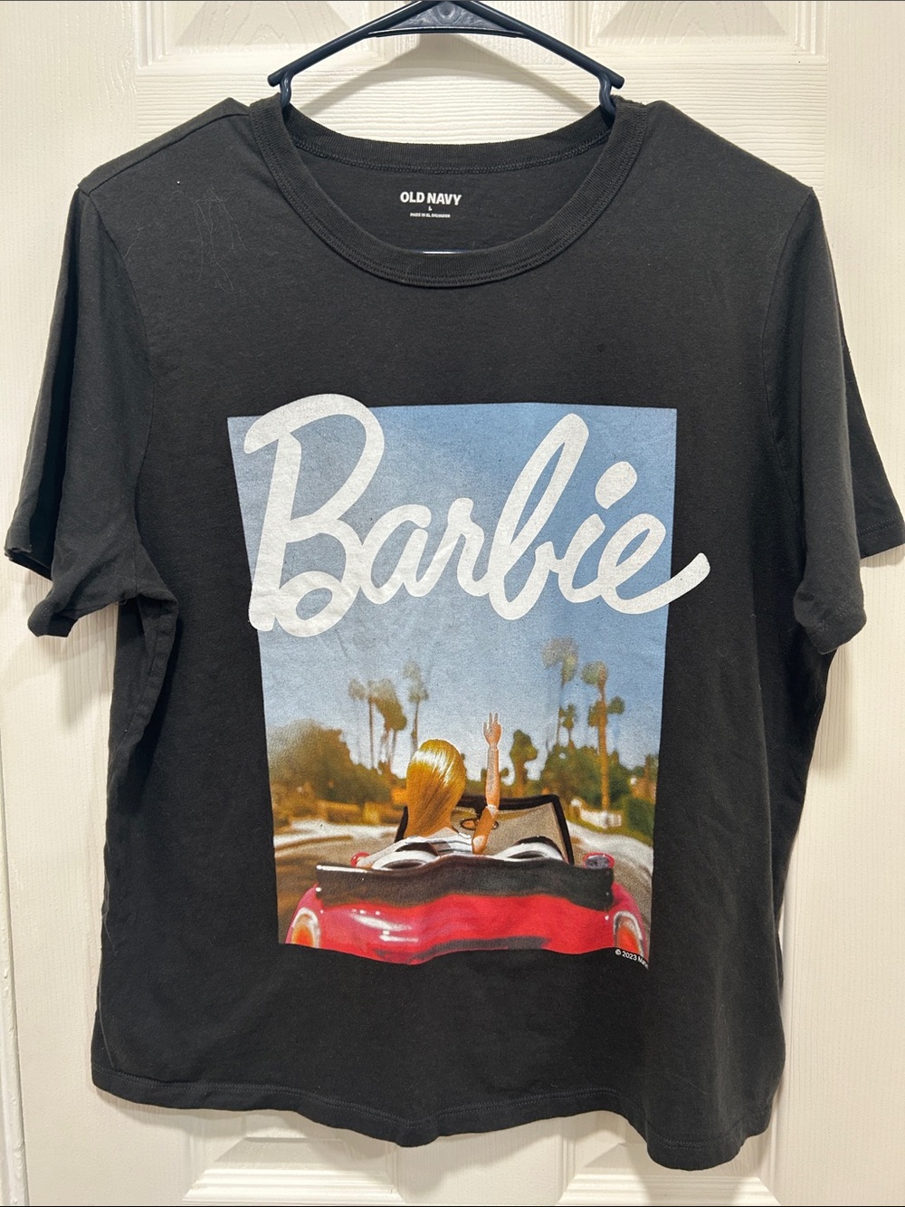 Grey Barbie Graphic Tee with Pink, Blue and White Print